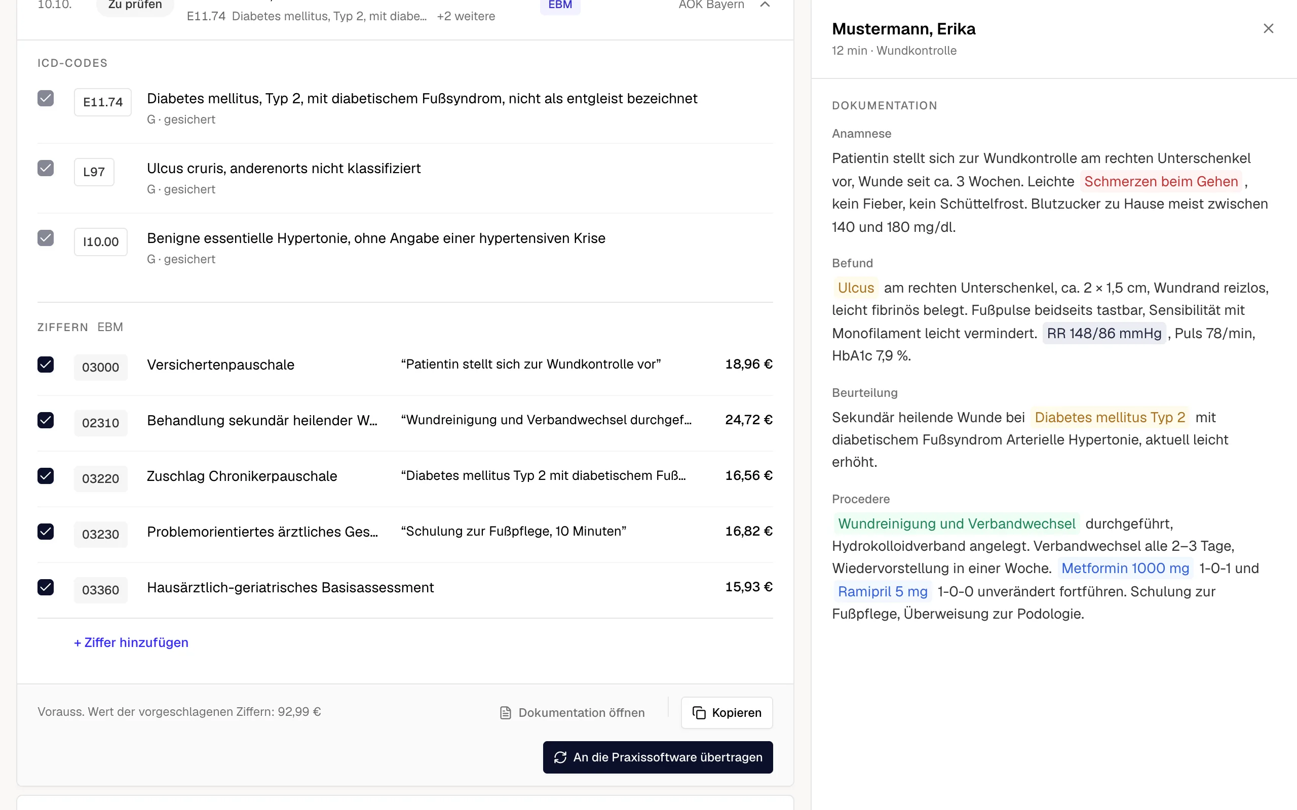 meda Abrechnung: die Dokumentation der Demo-Patientin neben den vorgeschlagenen Ziffern, jede Ziffer mit ihrer Zeile aus der Dokumentation